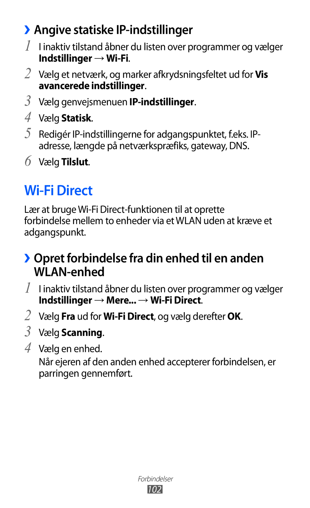 Samsung GT-I9103MAANEE manual Wi-Fi Direct, ››Angive statiske IP-indstillinger, WLAN-enhed 