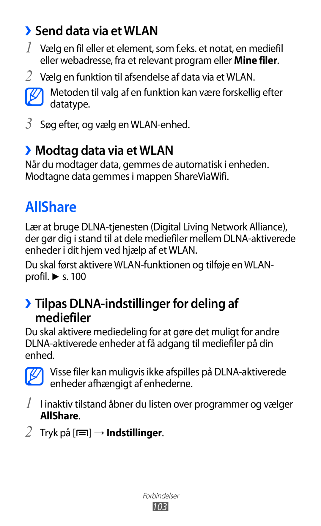 Samsung GT-I9103MAANEE manual ››Send data via et Wlan, ››Modtag data via et Wlan, AllShare Tryk på → Indstillinger 