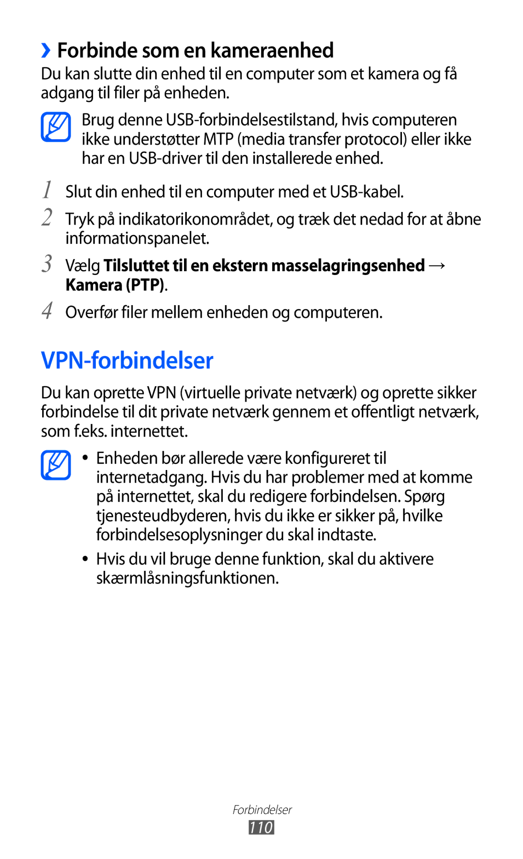 Samsung GT-I9103MAANEE manual VPN-forbindelser, ››Forbinde som en kameraenhed 