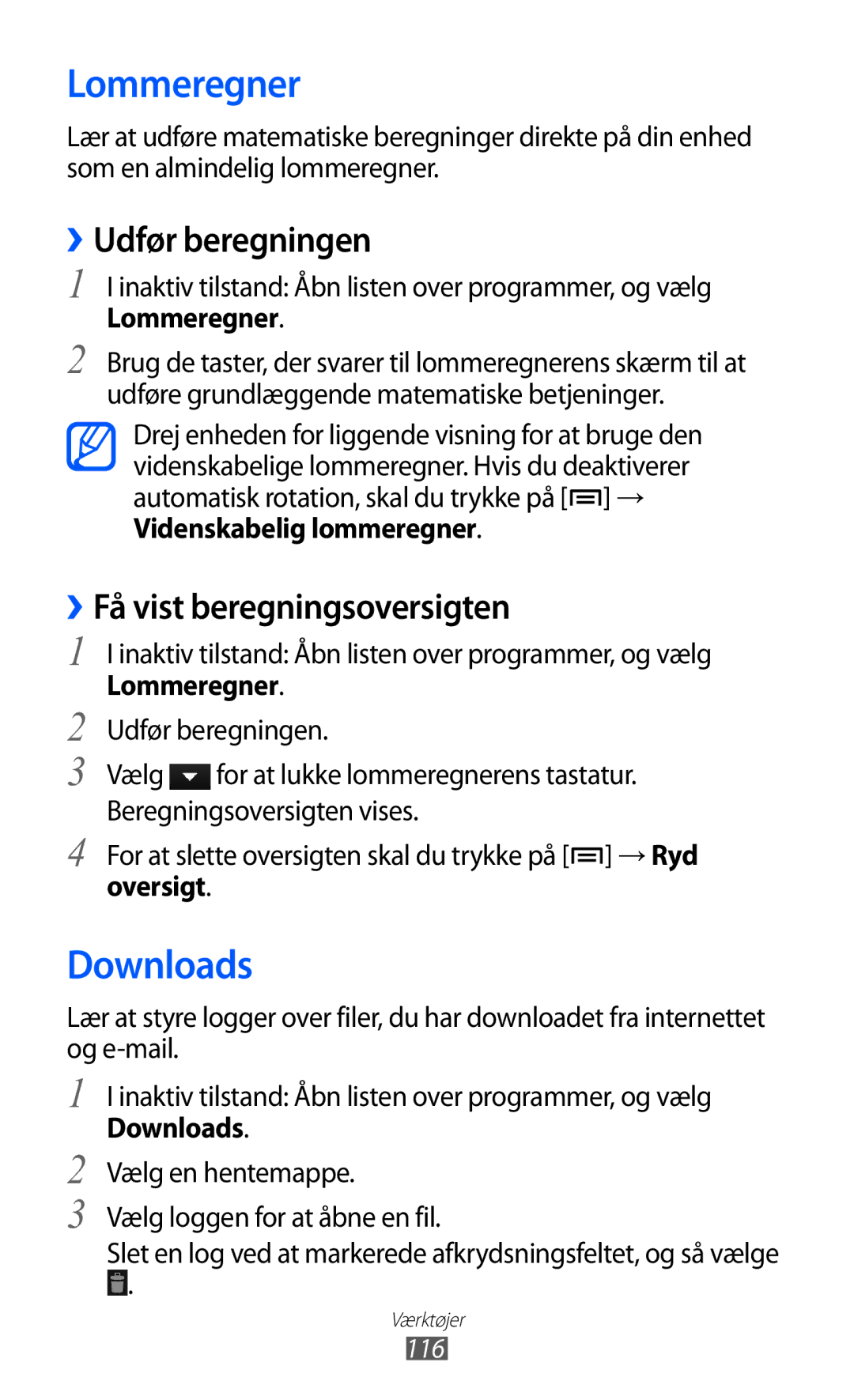 Samsung GT-I9103MAANEE manual Lommeregner, Downloads, ››Udfør beregningen, ››Få vist beregningsoversigten, Oversigt 