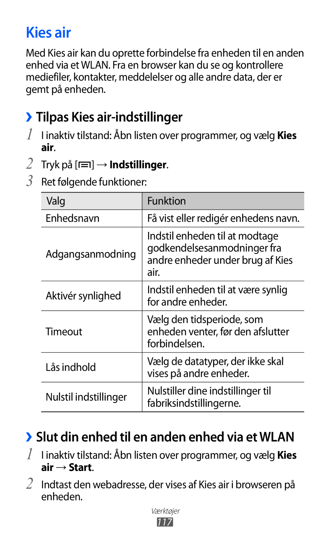 Samsung GT-I9103MAANEE manual ››Tilpas Kies air-indstillinger, Air Tryk på → Indstillinger 