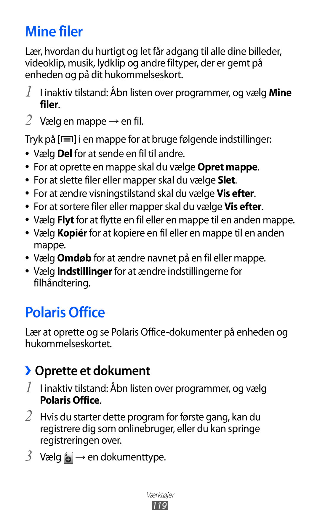 Samsung GT-I9103MAANEE manual Mine filer, Polaris Office, ››Oprette et dokument, Filer 