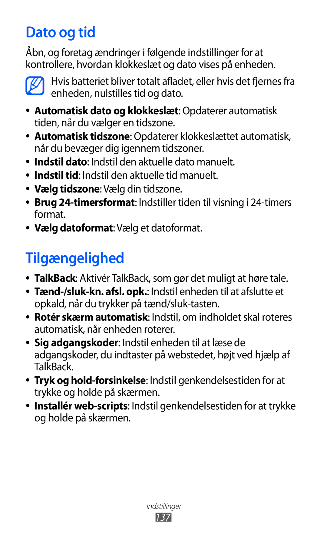 Samsung GT-I9103MAANEE manual Dato og tid, Tilgængelighed 