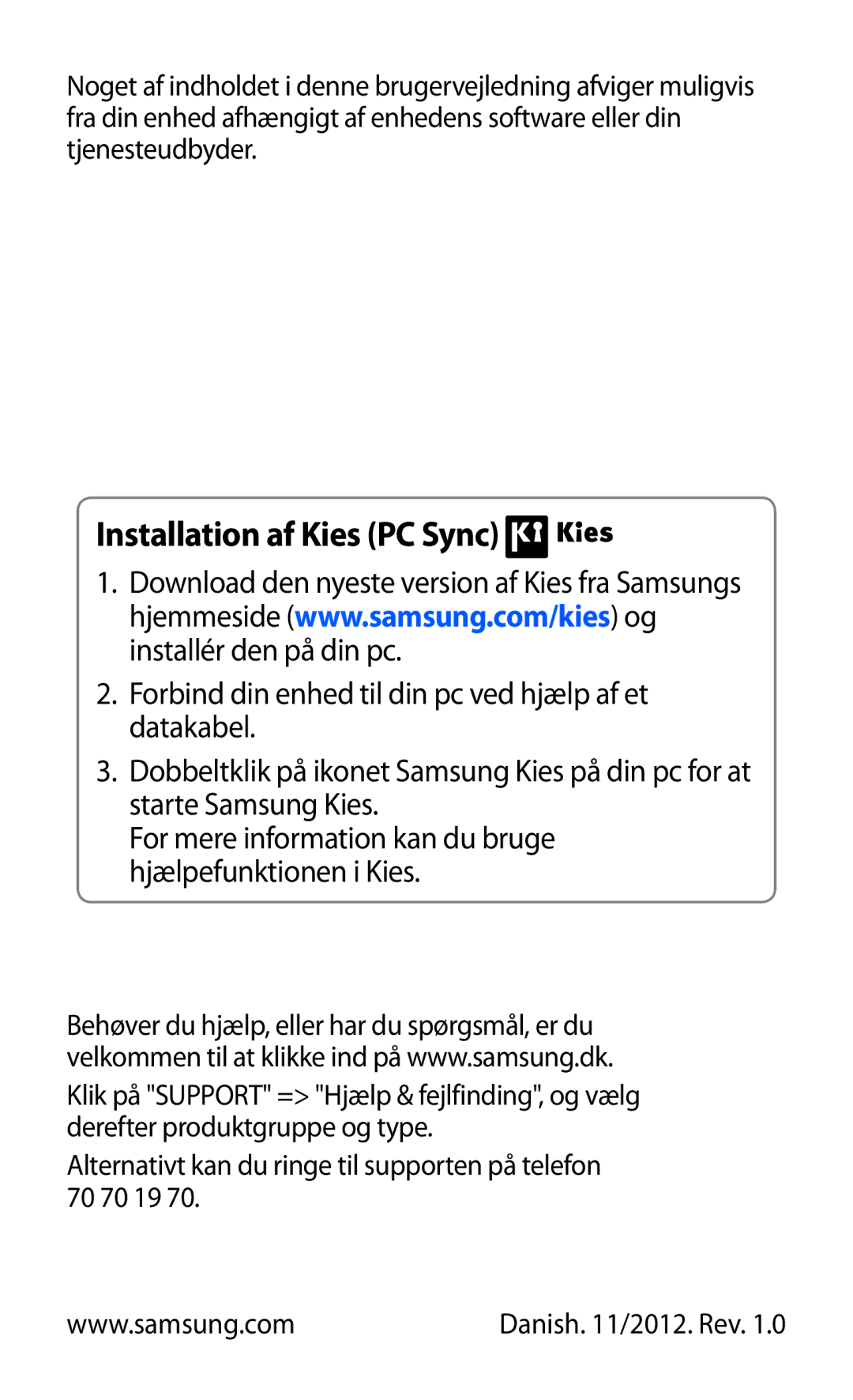 Samsung GT-I9103MAANEE manual Installation af Kies PC Sync 