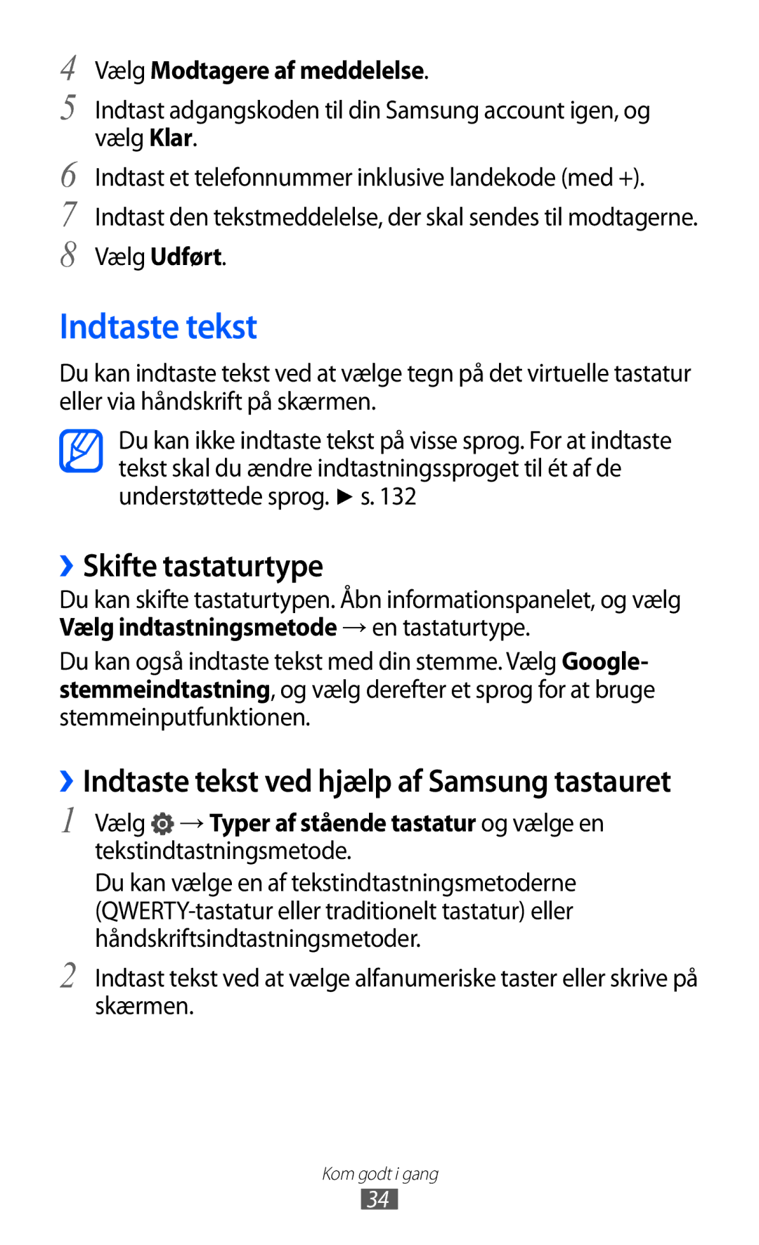 Samsung GT-I9103MAANEE manual Indtaste tekst, ››Skifte tastaturtype, Vælg Modtagere af meddelelse, Vælg Udført 