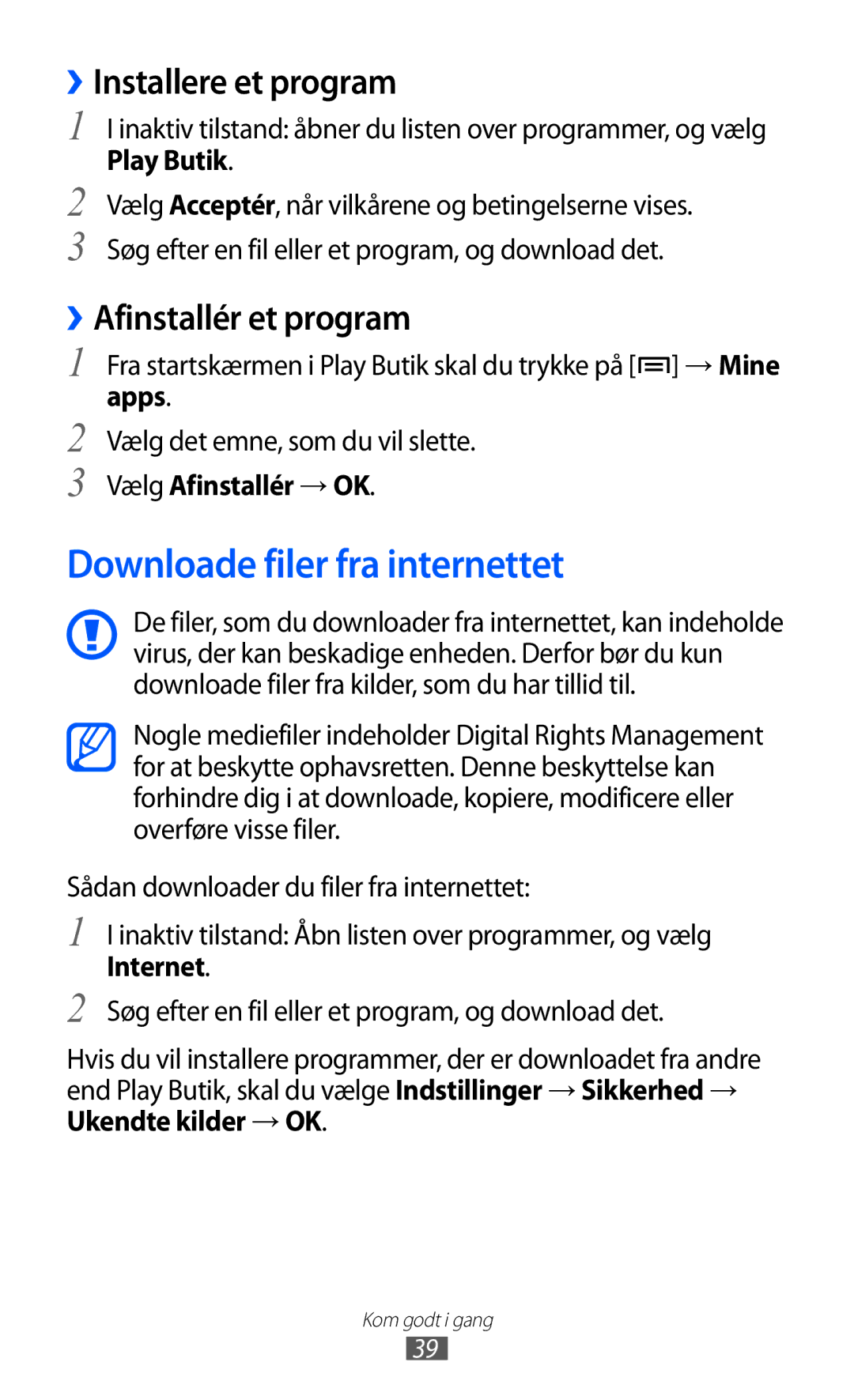 Samsung GT-I9103MAANEE manual Downloade filer fra internettet, ››Installere et program, ››Afinstallér et program 