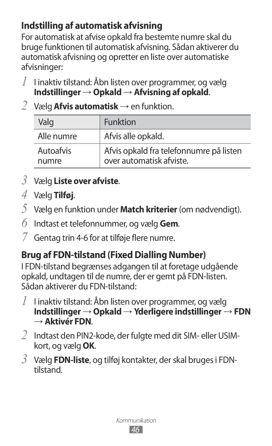 Samsung GT-I9103MAANEE manual Indstillinger → Opkald → Afvisning af opkald, Vælg Liste over afviste, → Aktivér FDN 