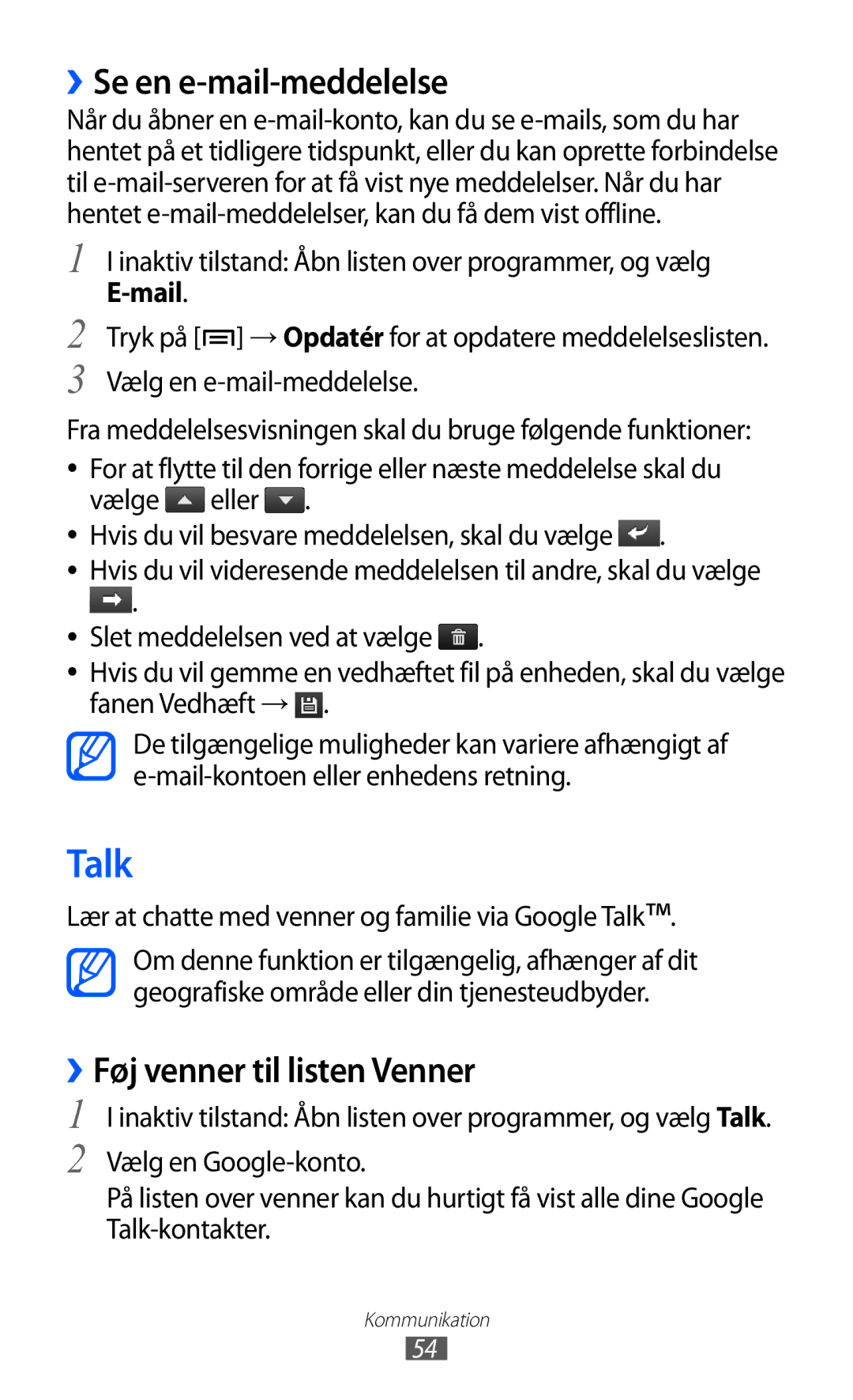 Samsung GT-I9103MAANEE manual Talk, ››Se en e-mail-meddelelse, ››Føj venner til listen Venner 