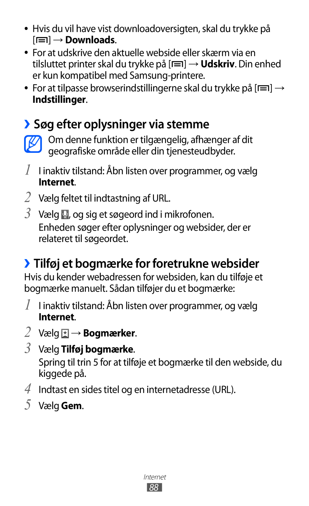 Samsung GT-I9103MAANEE manual ››Søg efter oplysninger via stemme, Internet Vælg → Bogmærker Vælg Tilføj bogmærke 