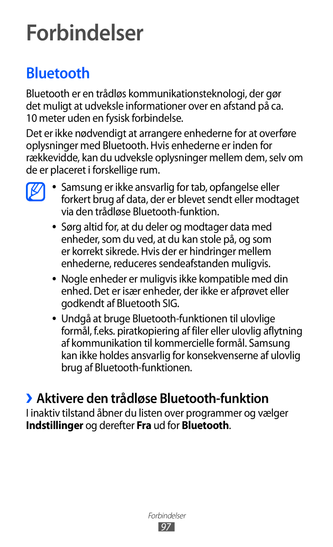 Samsung GT-I9103MAANEE manual Forbindelser, ››Aktivere den trådløse Bluetooth-funktion 