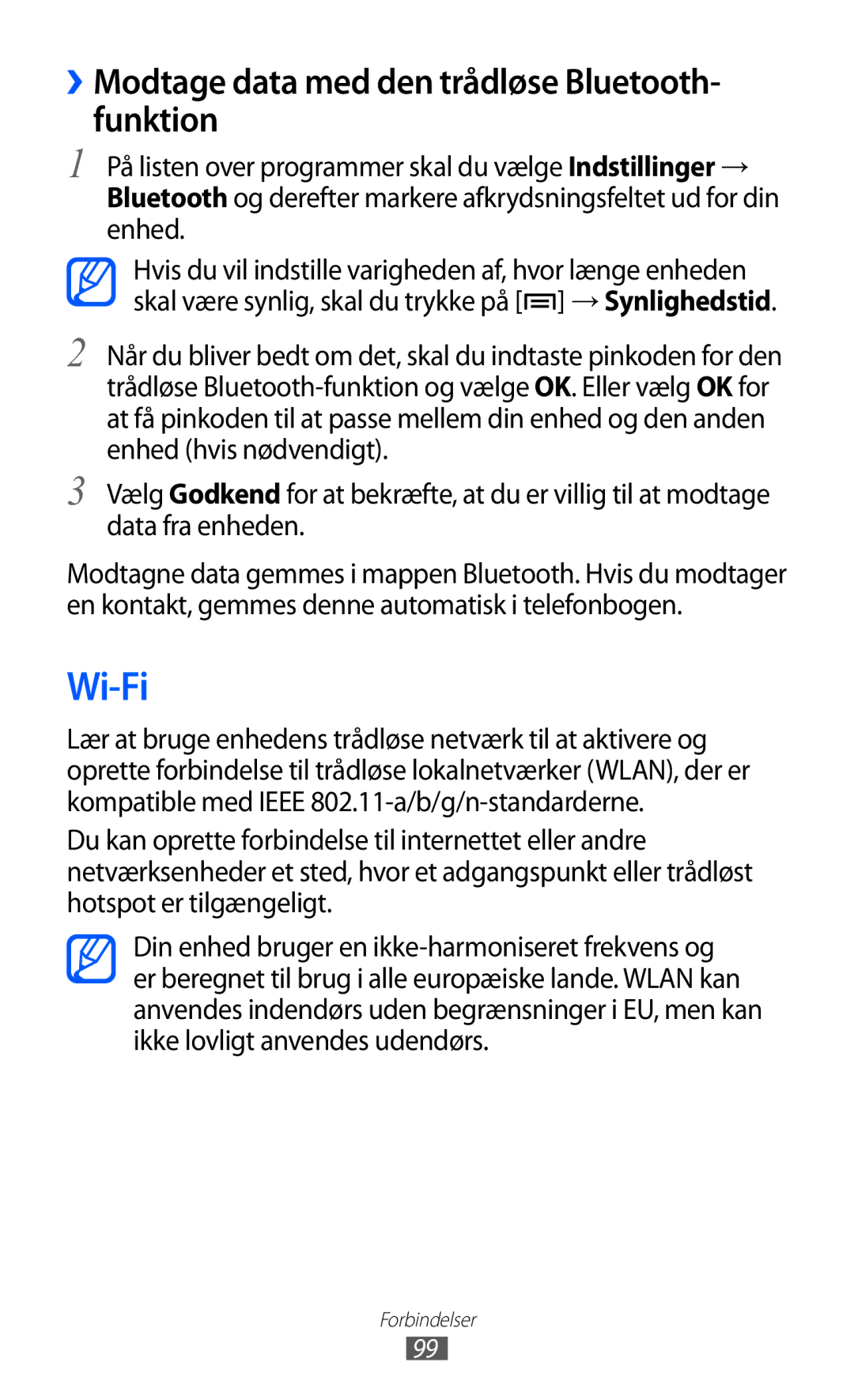 Samsung GT-I9103MAANEE manual Wi-Fi, ››Modtage data med den trådløse Bluetooth- funktion 