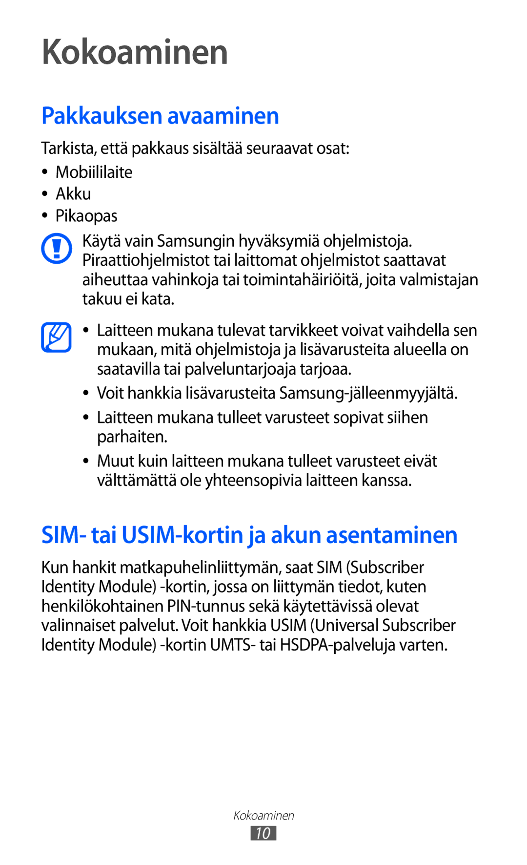 Samsung GT-I9103MAANEE manual Kokoaminen, Pakkauksen avaaminen 