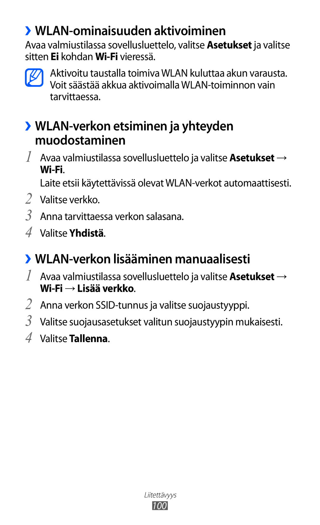 Samsung GT-I9103MAANEE manual ››WLAN-ominaisuuden aktivoiminen, ››WLAN-verkon etsiminen ja yhteyden muodostaminen, Wi-Fi 