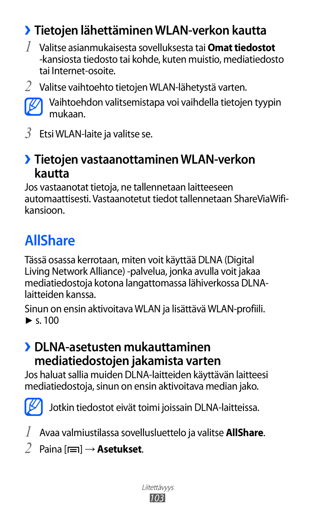 Samsung GT-I9103MAANEE manual AllShare, ››Tietojen vastaanottaminen WLAN-verkon kautta 