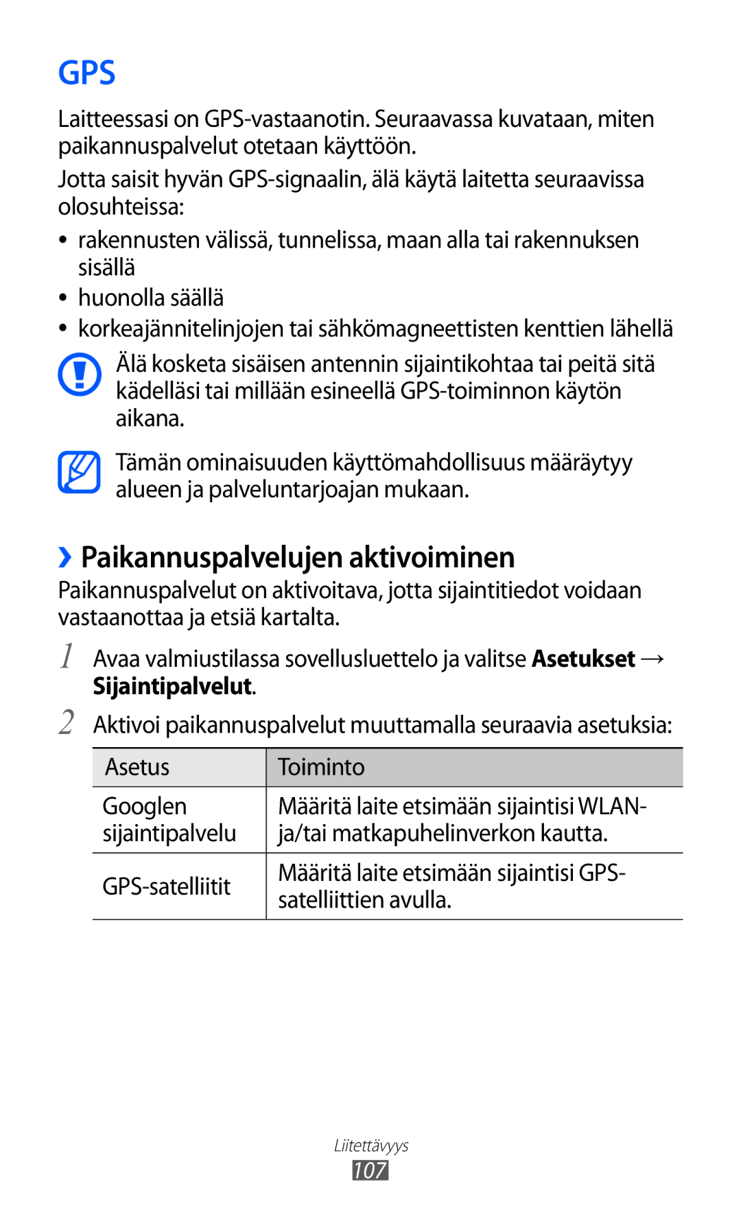 Samsung GT-I9103MAANEE manual Gps, ››Paikannuspalvelujen aktivoiminen 