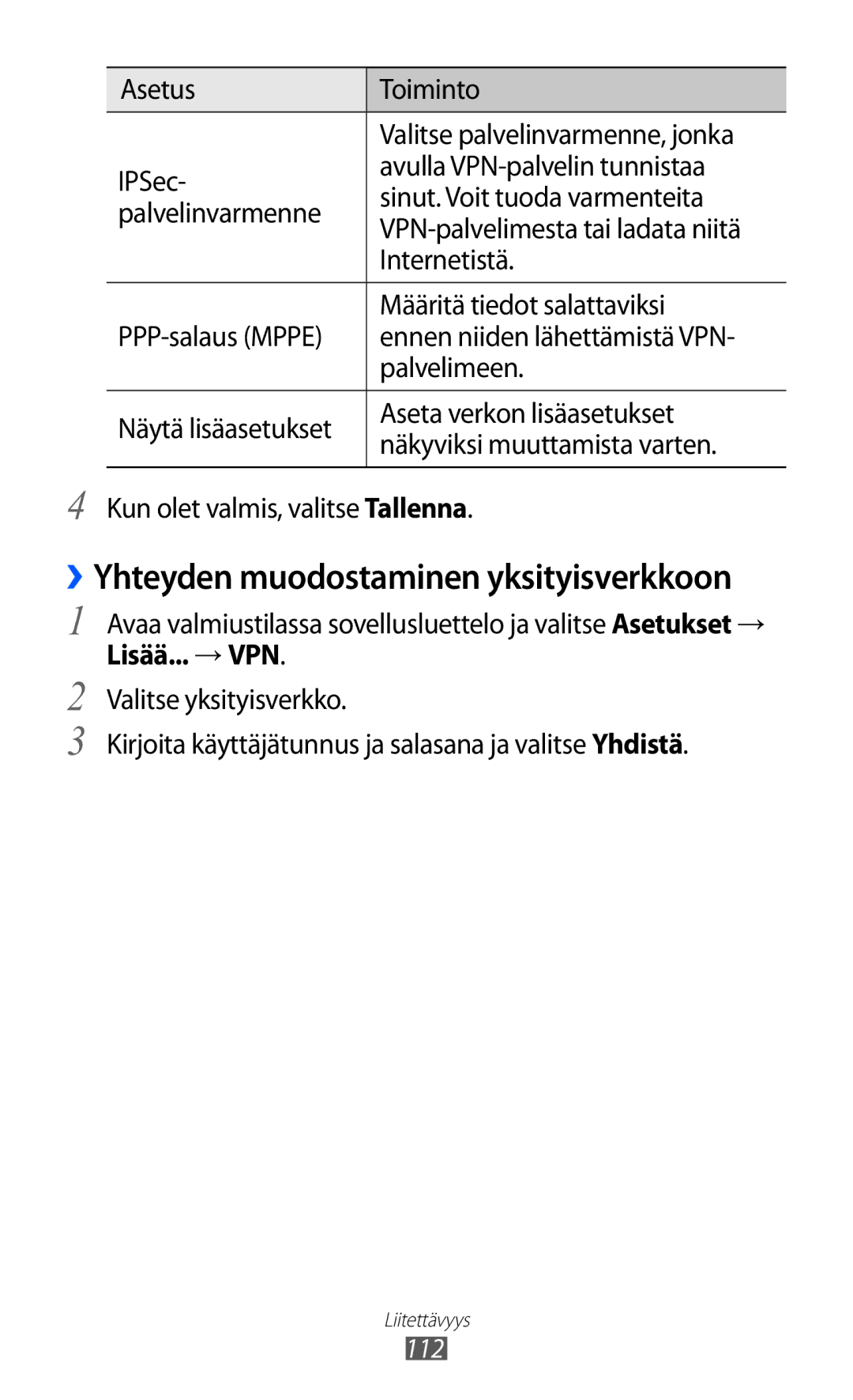 Samsung GT-I9103MAANEE manual Ennen niiden lähettämistä VPN, Palvelimeen, Lisää... → VPN 