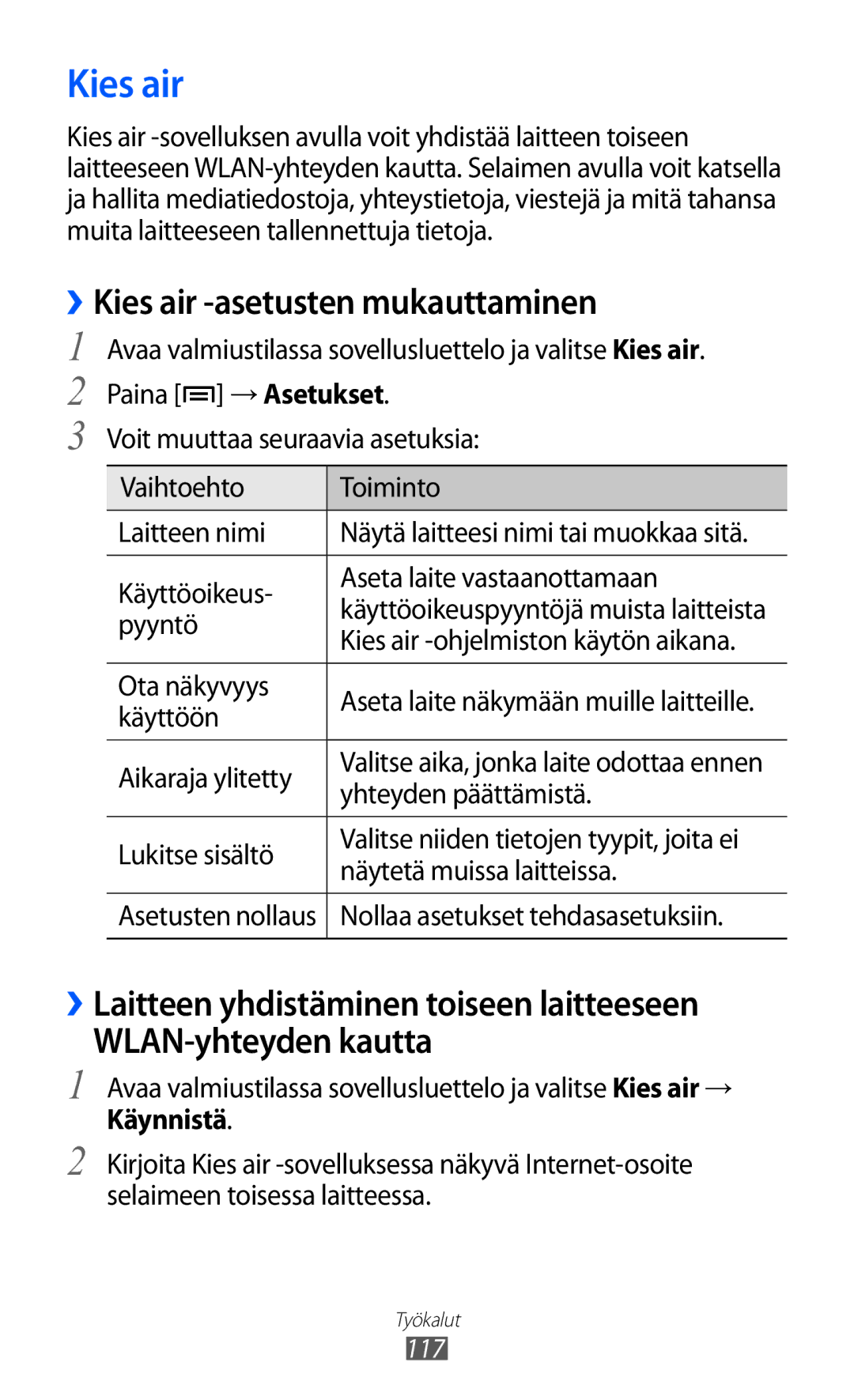 Samsung GT-I9103MAANEE manual ››Kies air -asetusten mukauttaminen 