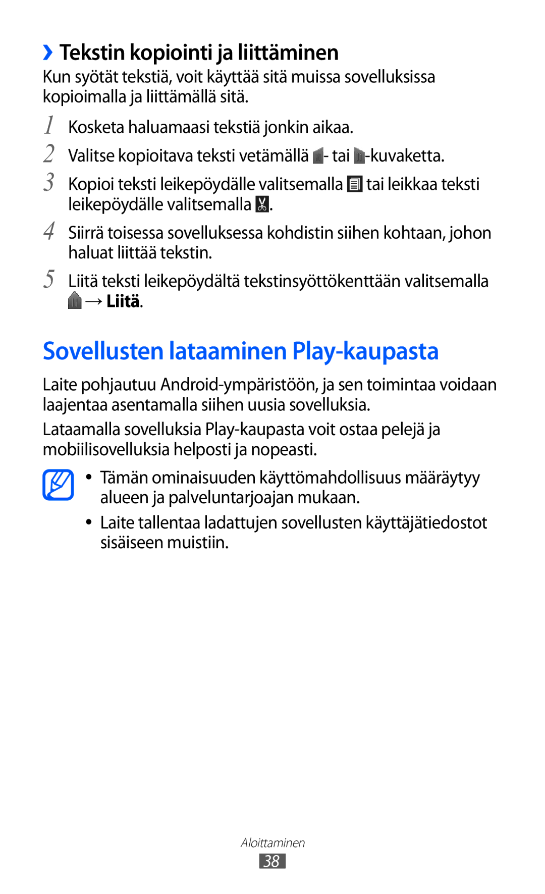 Samsung GT-I9103MAANEE manual Sovellusten lataaminen Play-kaupasta, ››Tekstin kopiointi ja liittäminen, → Liitä 