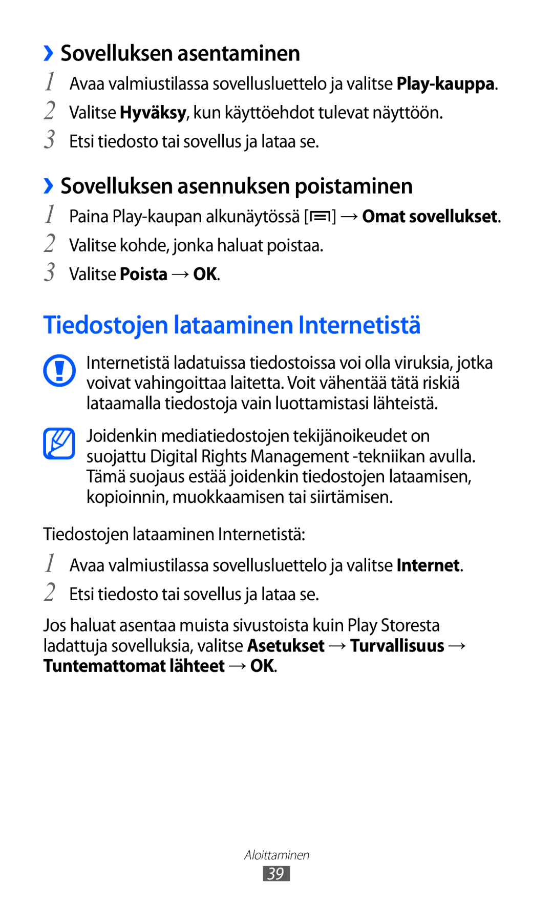 Samsung GT-I9103MAANEE manual Tiedostojen lataaminen Internetistä, ››Sovelluksen asentaminen 