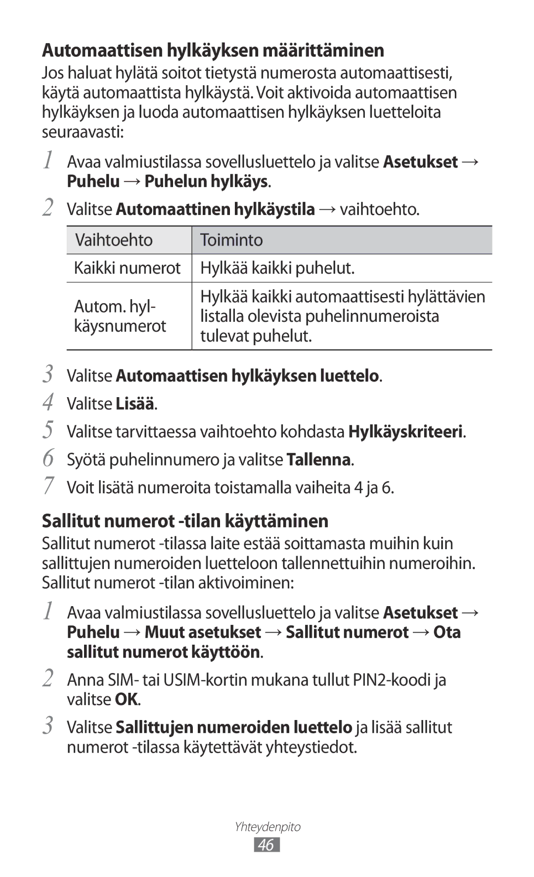 Samsung GT-I9103MAANEE manual Valitse Automaattisen hylkäyksen luettelo 