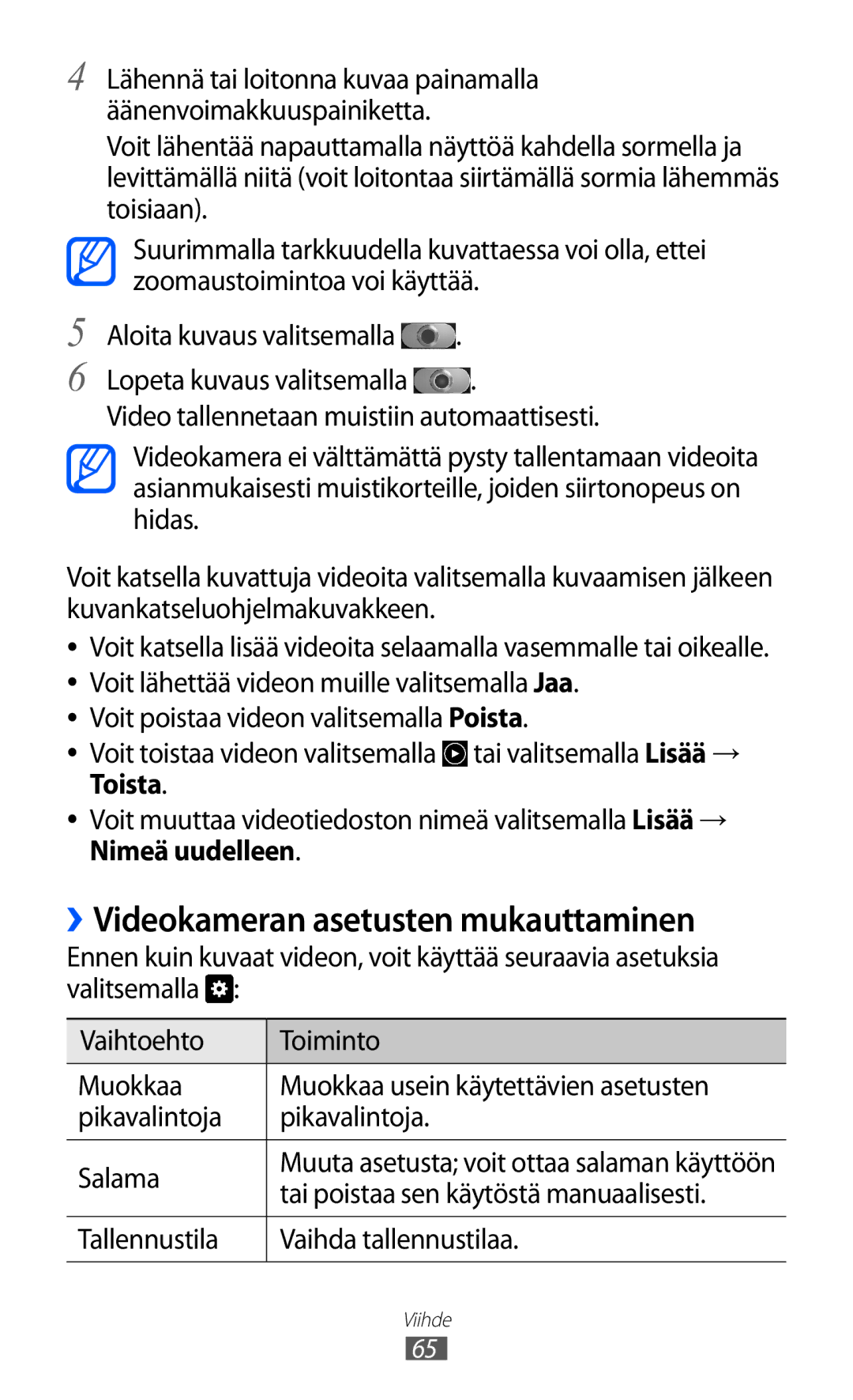 Samsung GT-I9103MAANEE manual ››Videokameran asetusten mukauttaminen, Tai poistaa sen käytöstä manuaalisesti 