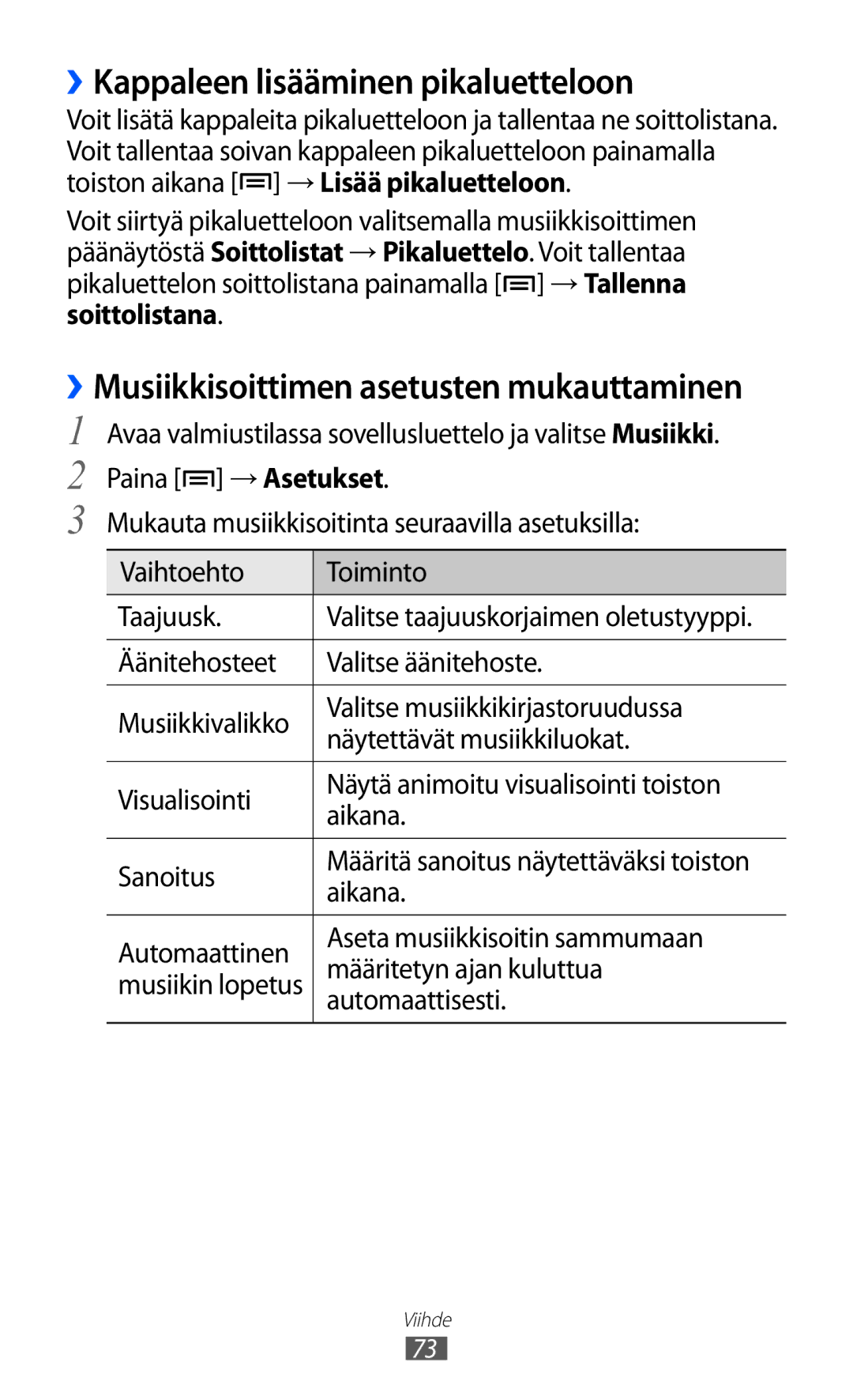 Samsung GT-I9103MAANEE manual ››Kappaleen lisääminen pikaluetteloon, ››Musiikkisoittimen asetusten mukauttaminen 