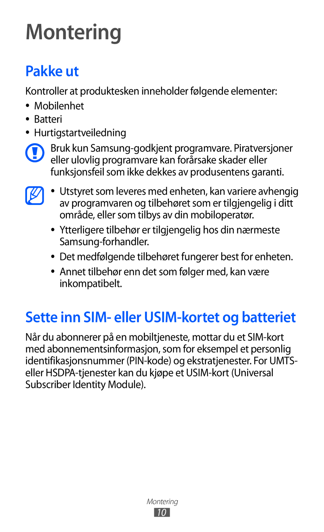 Samsung GT-I9103MAANEE manual Montering, Pakke ut 