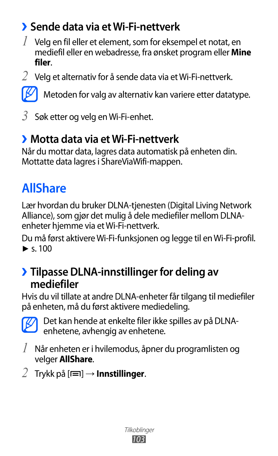 Samsung GT-I9103MAANEE manual AllShare, ››Sende data via et Wi-Fi-nettverk, ››Motta data via et Wi-Fi-nettverk 