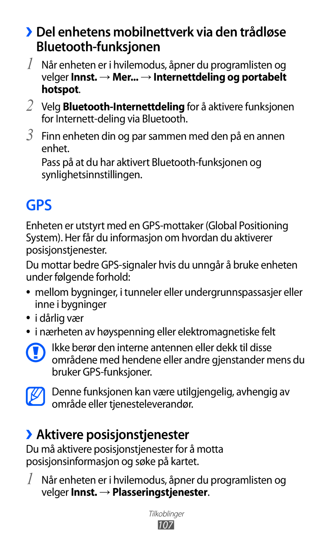 Samsung GT-I9103MAANEE manual Bluetooth-funksjonen, ››Aktivere posisjonstjenester, 107 