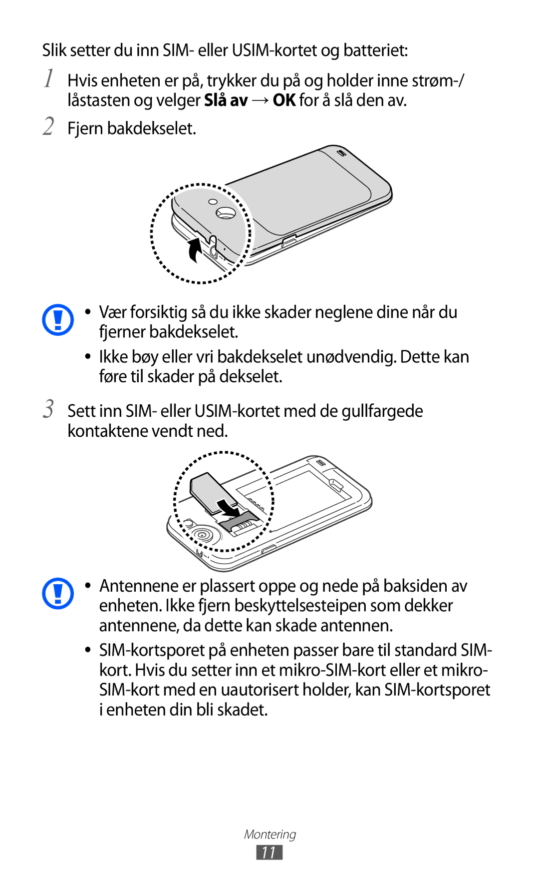 Samsung GT-I9103MAANEE manual Slik setter du inn SIM- eller USIM-kortet og batteriet 