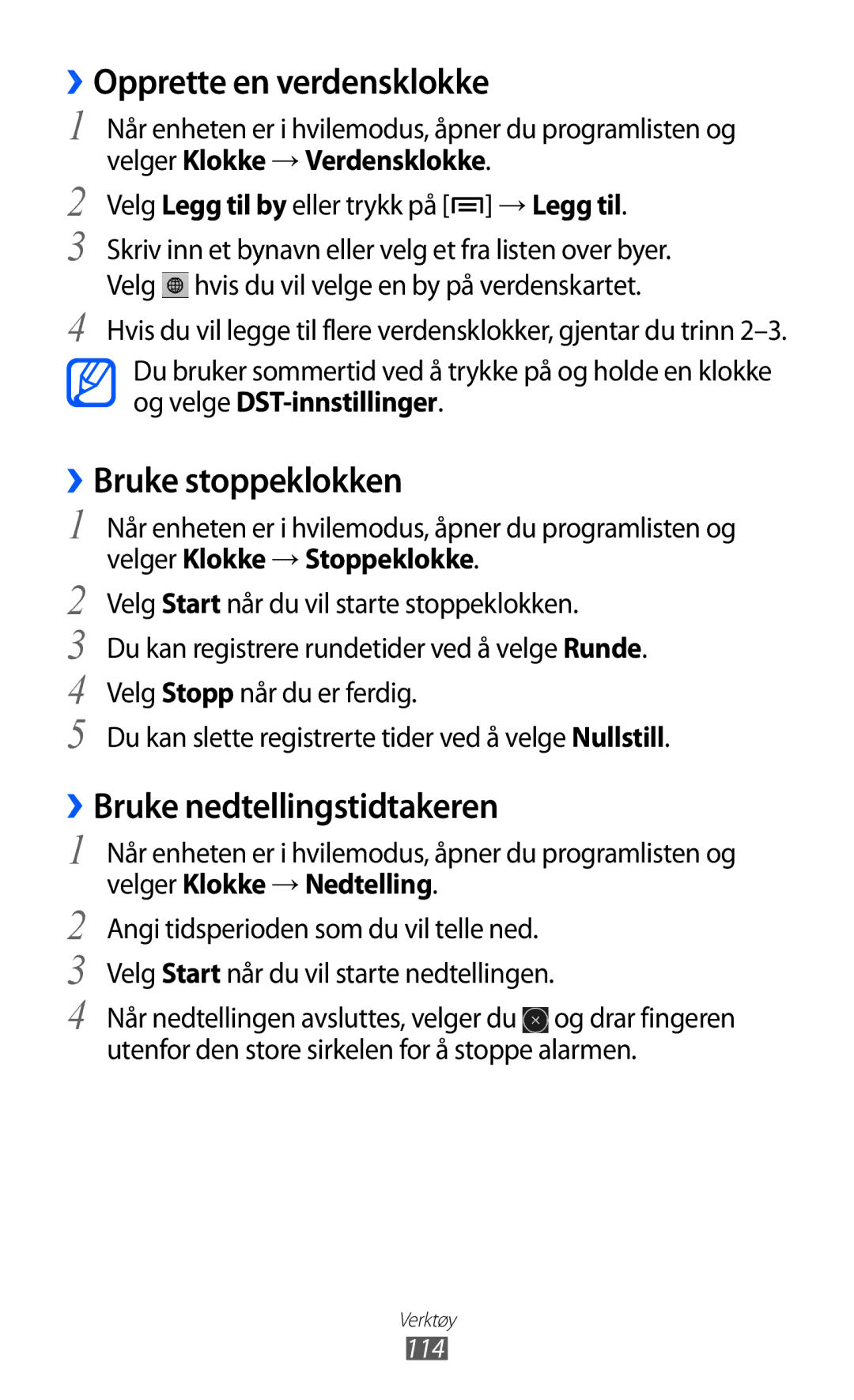 Samsung GT-I9103MAANEE manual ››Opprette en verdensklokke, ››Bruke stoppeklokken, ››Bruke nedtellingstidtakeren, 114 