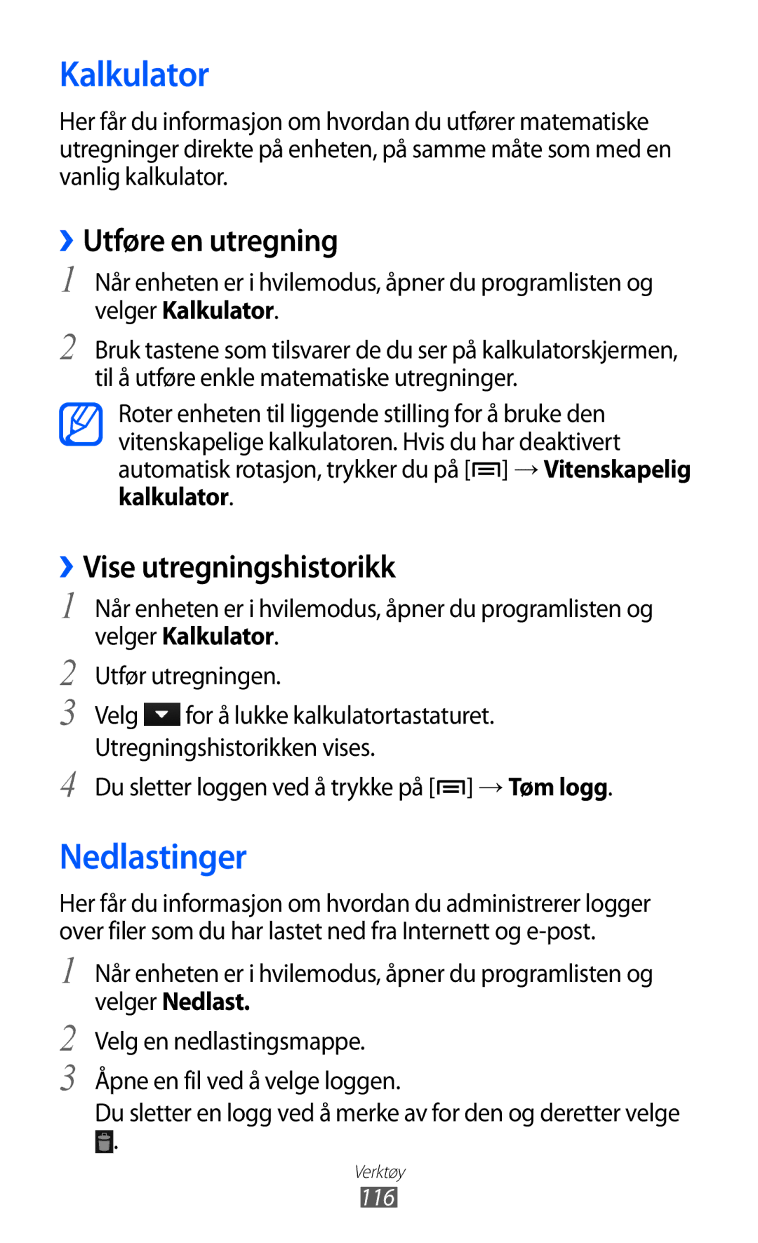 Samsung GT-I9103MAANEE manual Kalkulator, Nedlastinger, ››Utføre en utregning, ››Vise utregningshistorikk 
