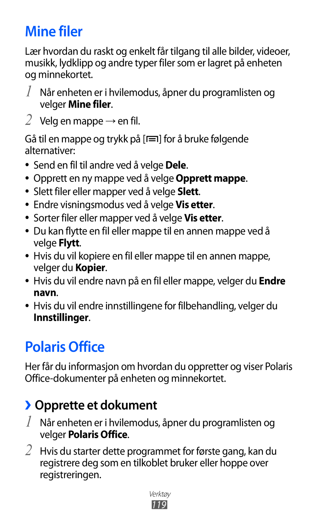 Samsung GT-I9103MAANEE manual Mine filer, Polaris Office, ››Opprette et dokument, 119 