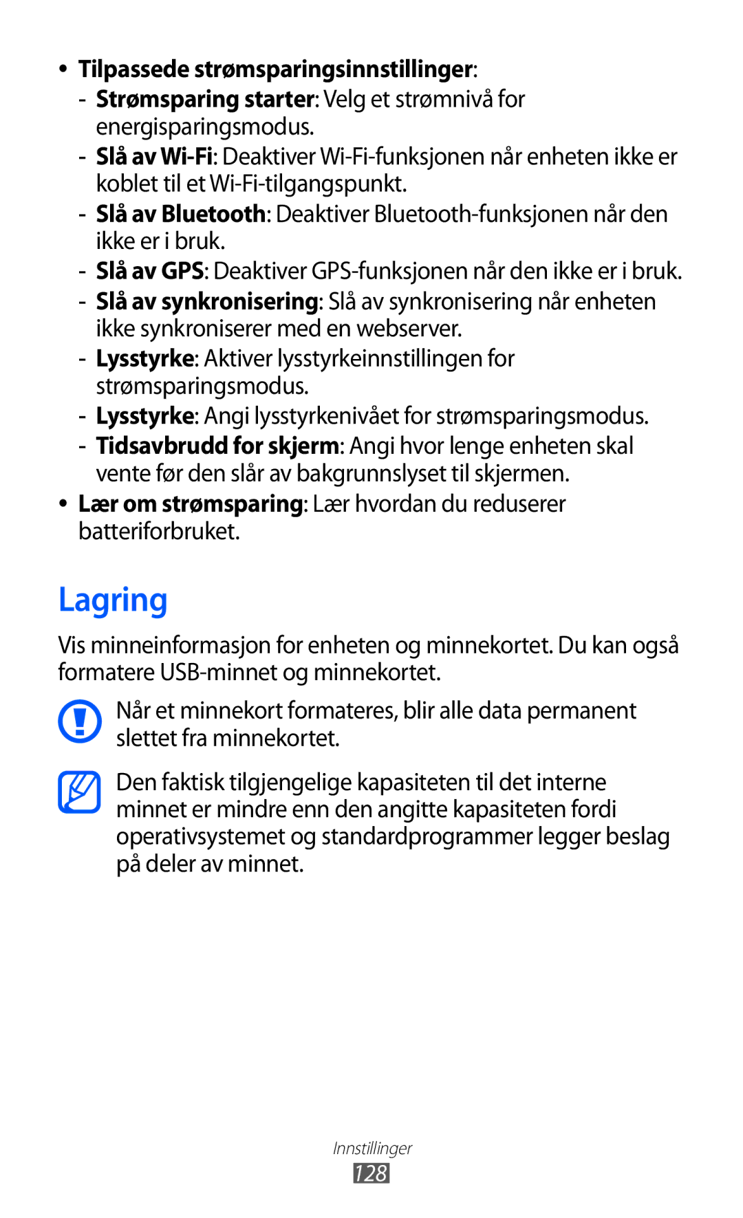 Samsung GT-I9103MAANEE manual Lagring, Lysstyrke Angi lysstyrkenivået for strømsparingsmodus, 128 