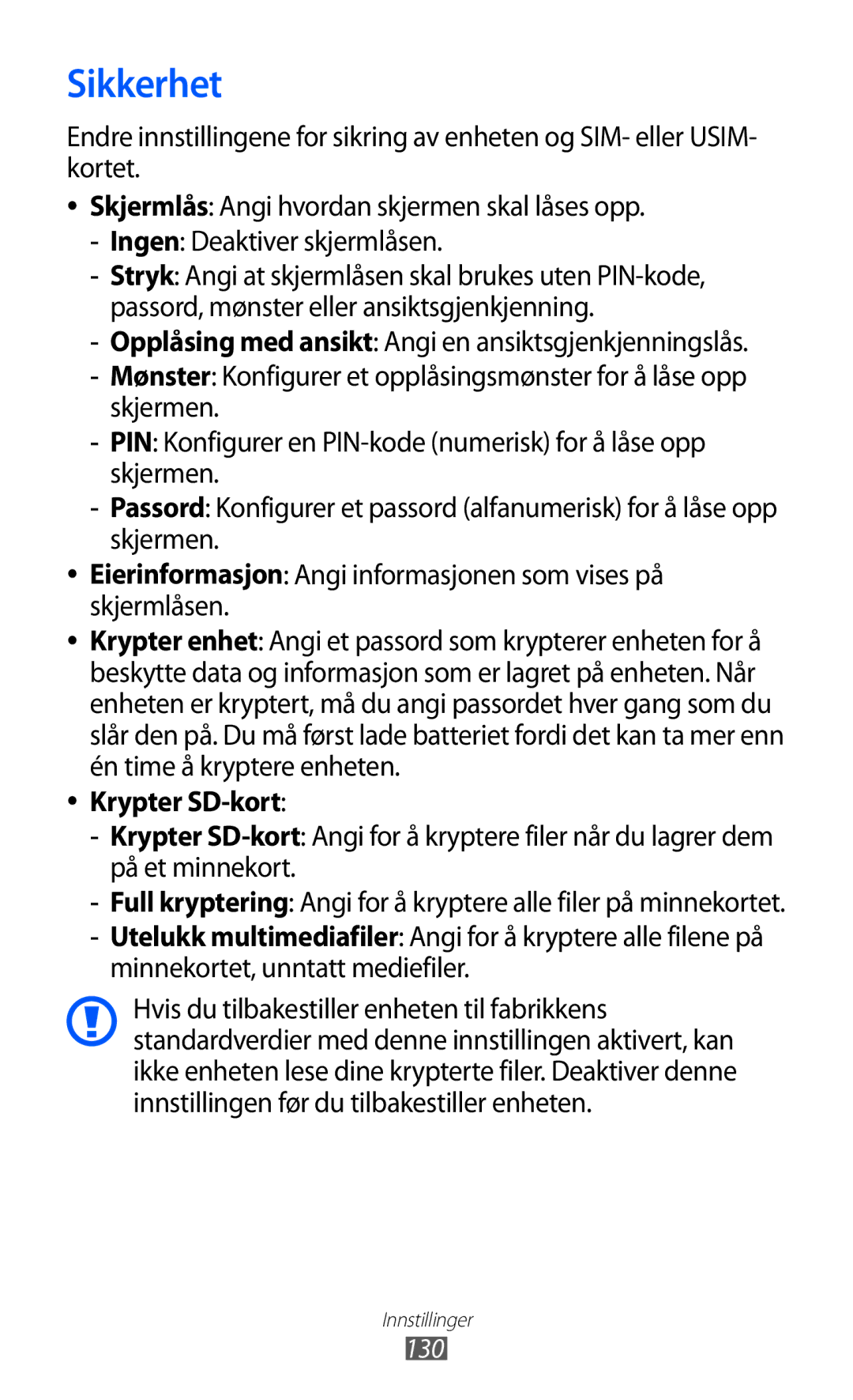 Samsung GT-I9103MAANEE manual Sikkerhet, Krypter SD-kort, 130 