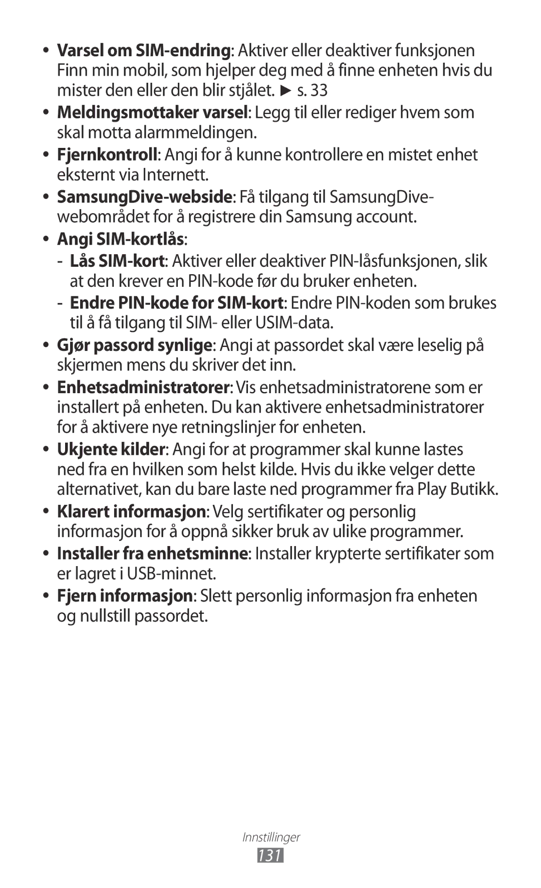 Samsung GT-I9103MAANEE manual Angi SIM-kortlås, 131 