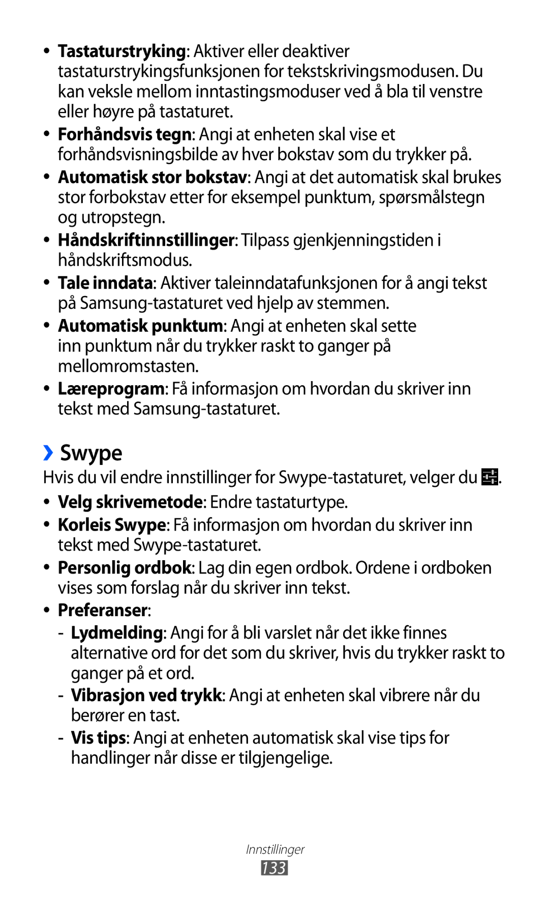 Samsung GT-I9103MAANEE manual ››Swype, Preferanser, 133 