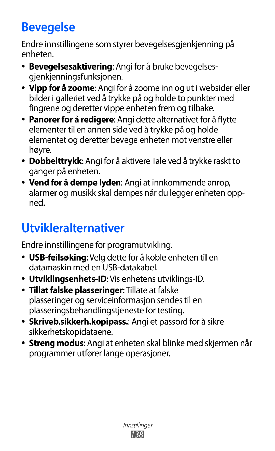 Samsung GT-I9103MAANEE manual Bevegelse, Utvikleralternativer, Endre innstillingene for programutvikling, 138 