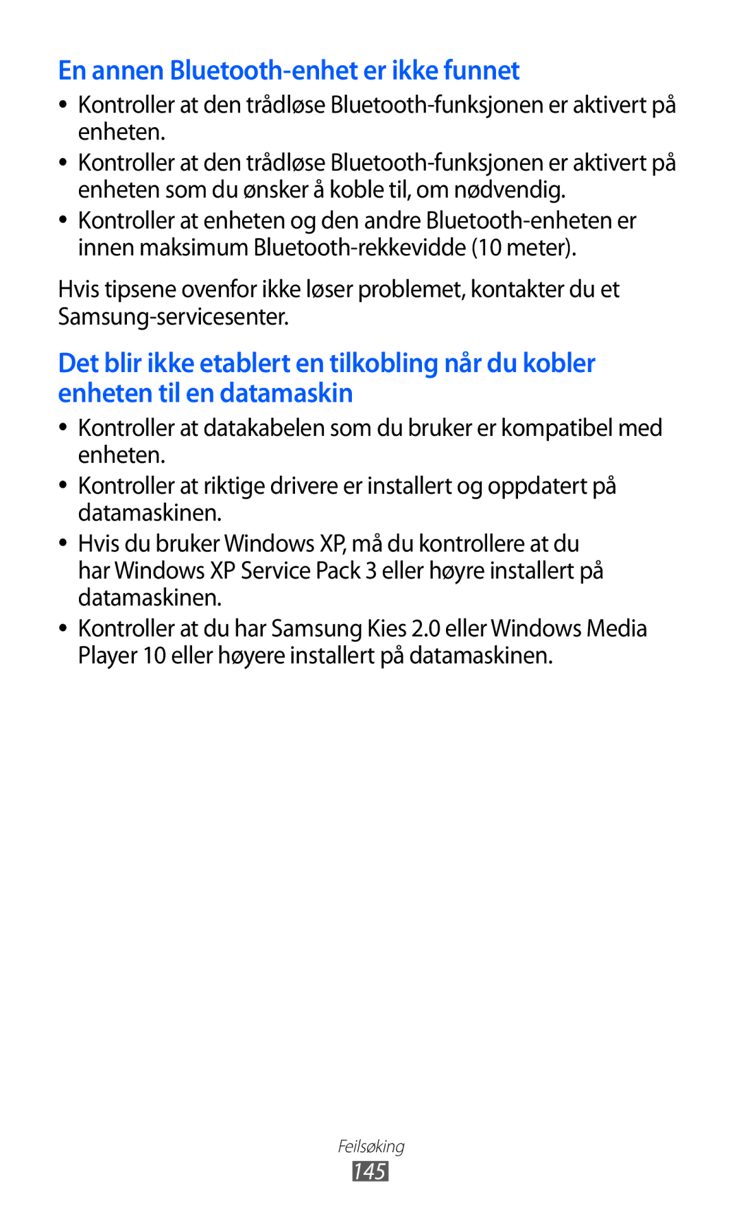 Samsung GT-I9103MAANEE manual En annen Bluetooth-enhet er ikke funnet, 145 