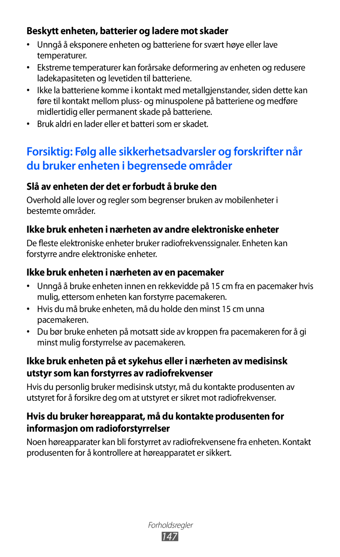Samsung GT-I9103MAANEE manual 147, Beskytt enheten, batterier og ladere mot skader 