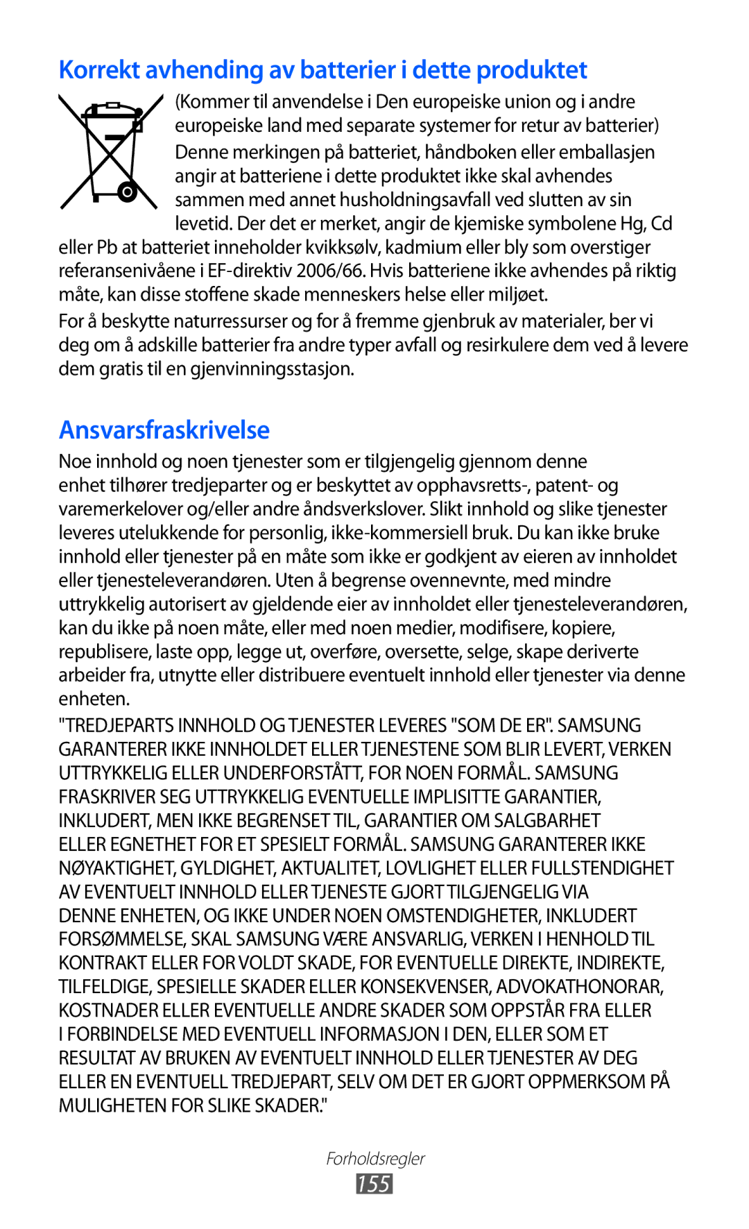 Samsung GT-I9103MAANEE manual Korrekt avhending av batterier i dette produktet, 155 