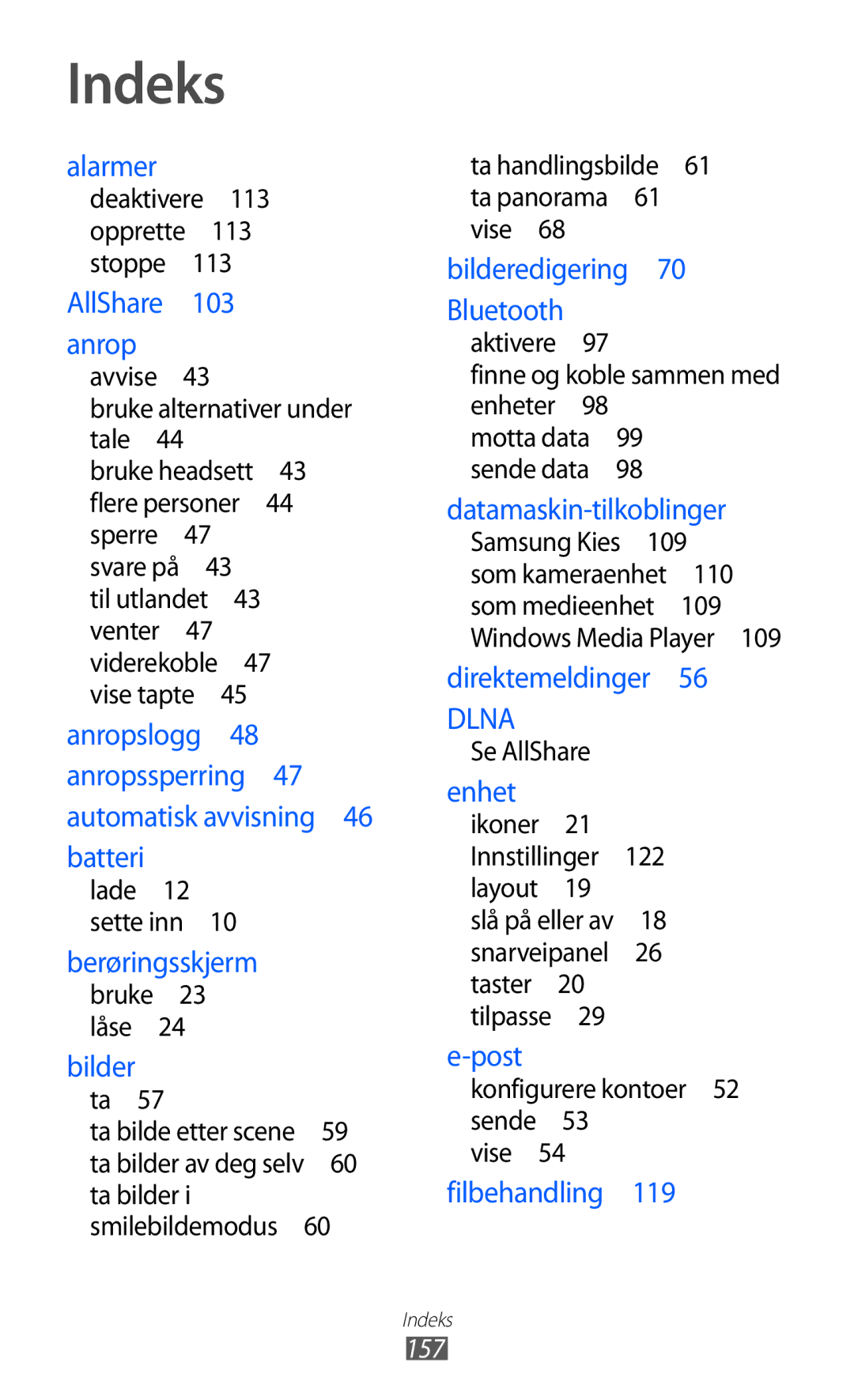 Samsung GT-I9103MAANEE manual Indeks, 157 