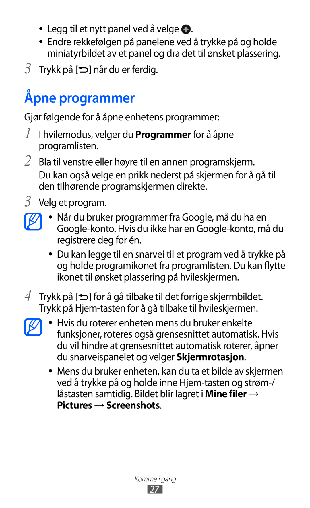 Samsung GT-I9103MAANEE manual Åpne programmer, Legg til et nytt panel ved å velge, Trykk på når du er ferdig 