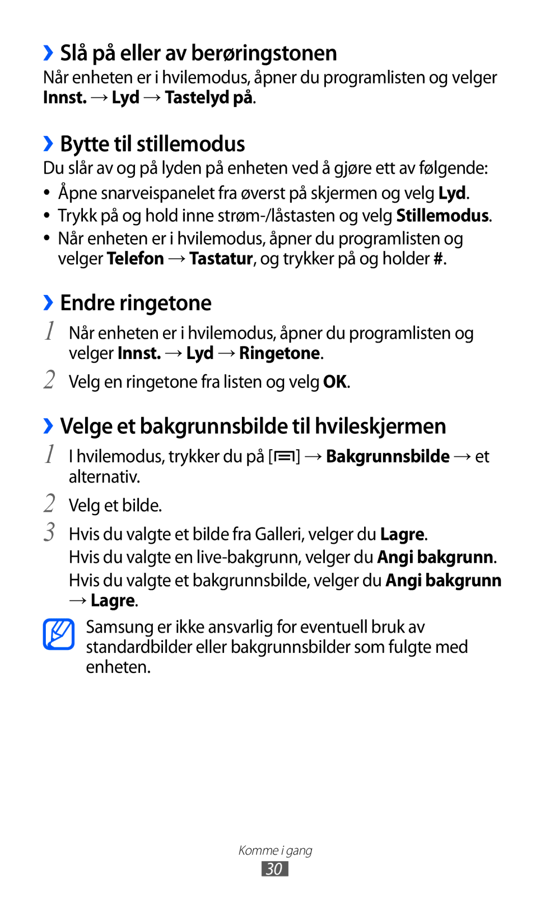 Samsung GT-I9103MAANEE manual ››Slå på eller av berøringstonen, ››Bytte til stillemodus, ››Endre ringetone 