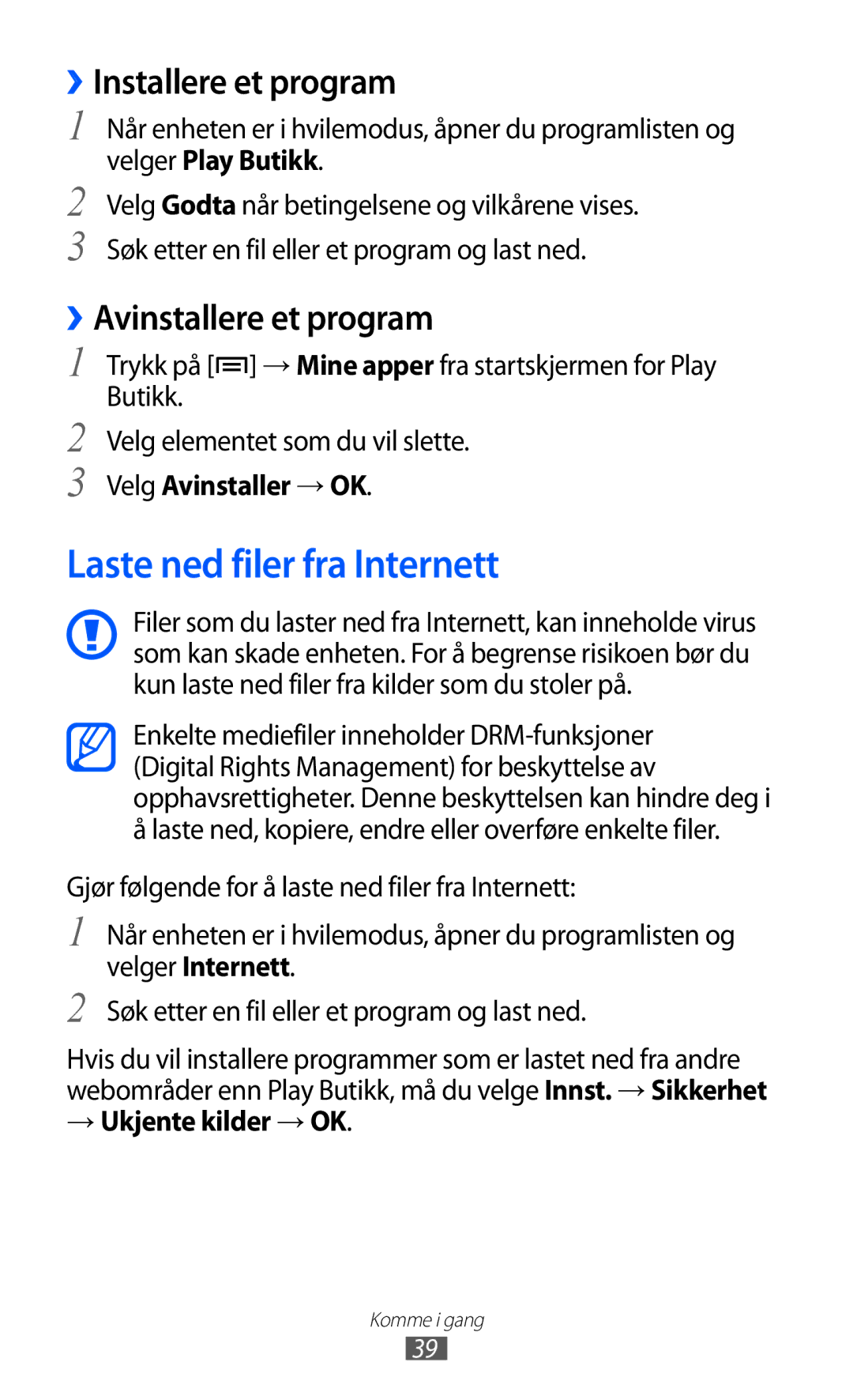 Samsung GT-I9103MAANEE manual Laste ned filer fra Internett, ››Installere et program, ››Avinstallere et program 