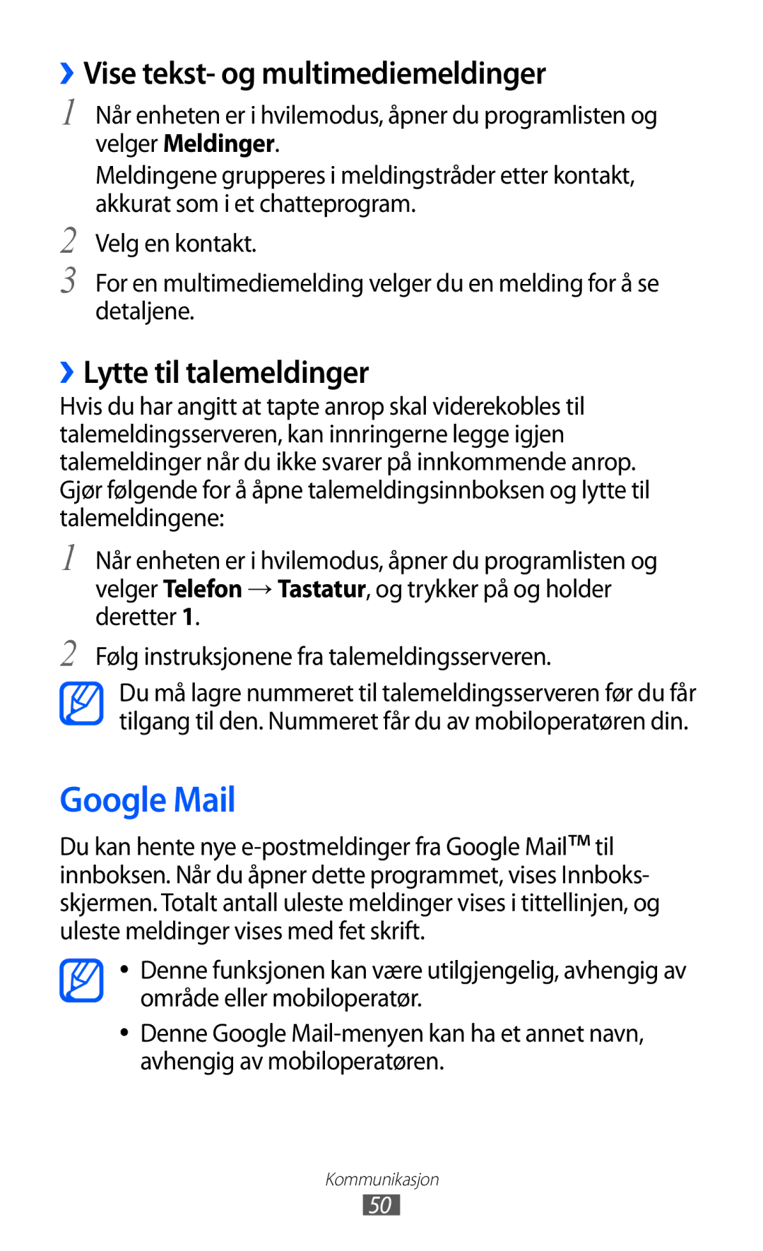 Samsung GT-I9103MAANEE manual Google Mail, ››Vise tekst- og multimediemeldinger, ››Lytte til talemeldinger 