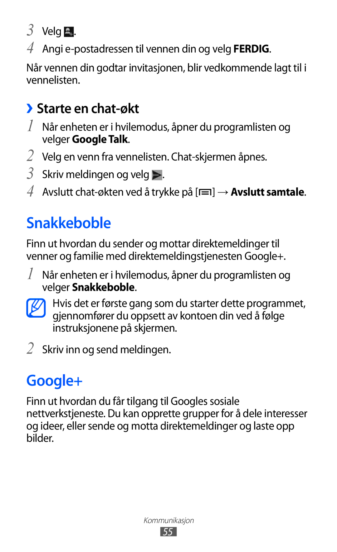 Samsung GT-I9103MAANEE manual Snakkeboble, Google+, ››Starte en chat-økt 