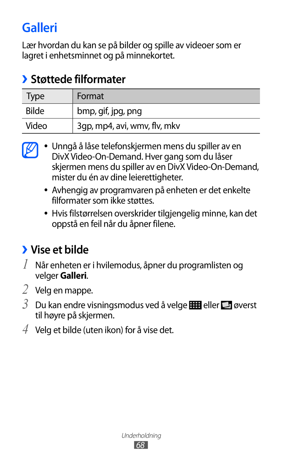 Samsung GT-I9103MAANEE manual Galleri, Støttede filformater, ››Vise et bilde 