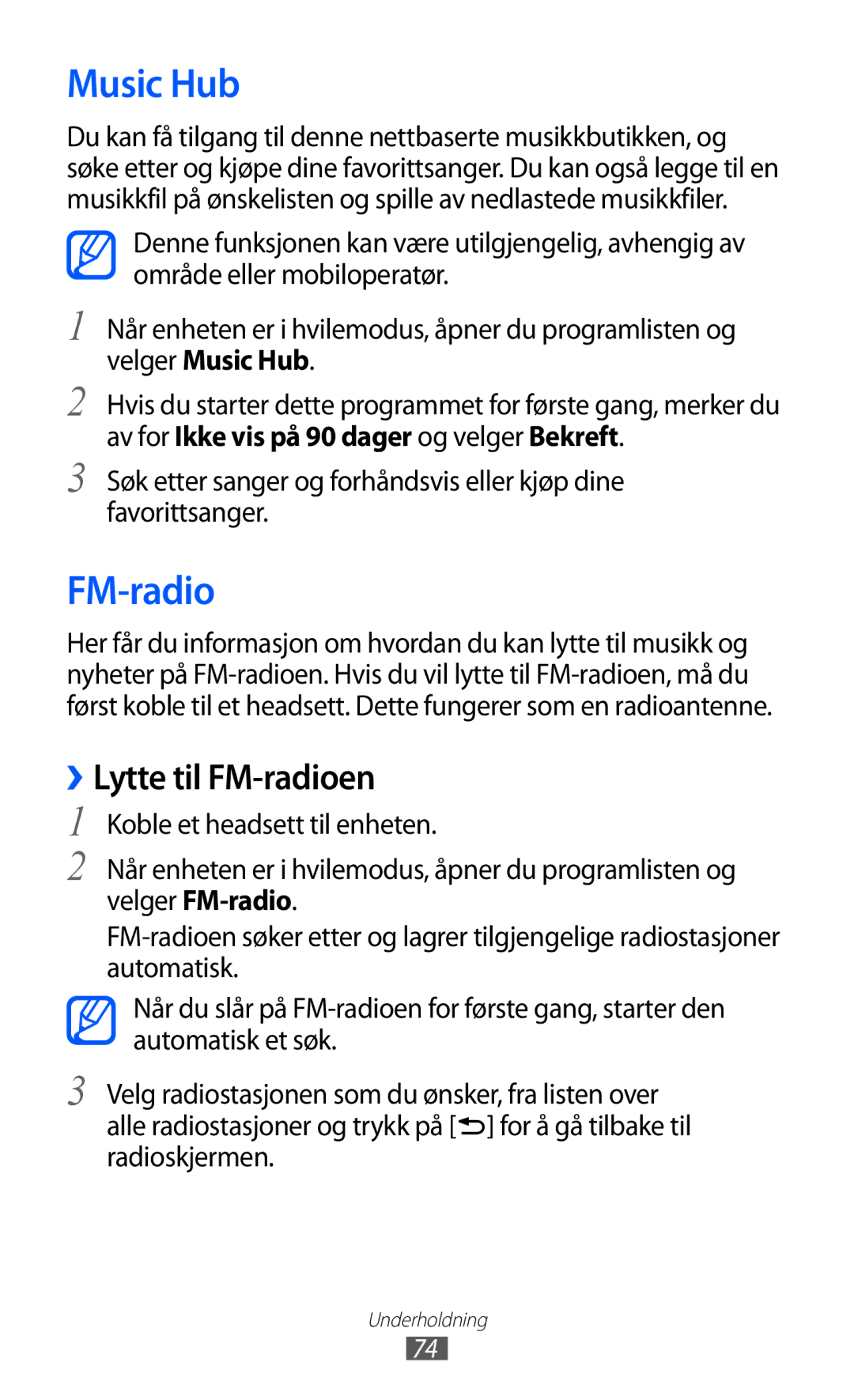 Samsung GT-I9103MAANEE manual Music Hub, ››Lytte til FM-radioen 