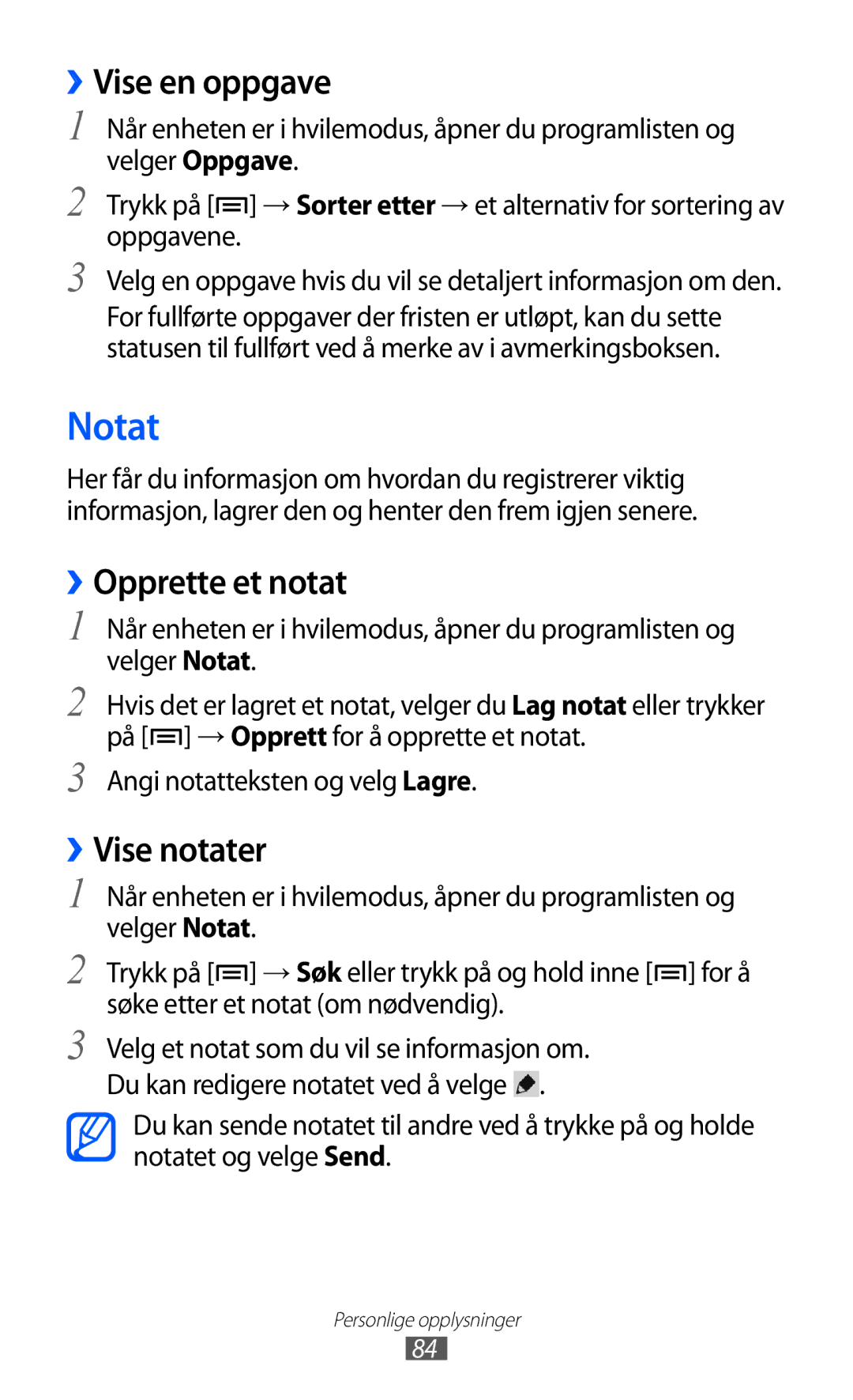 Samsung GT-I9103MAANEE manual Notat, ››Vise en oppgave, ››Opprette et notat, ››Vise notater 